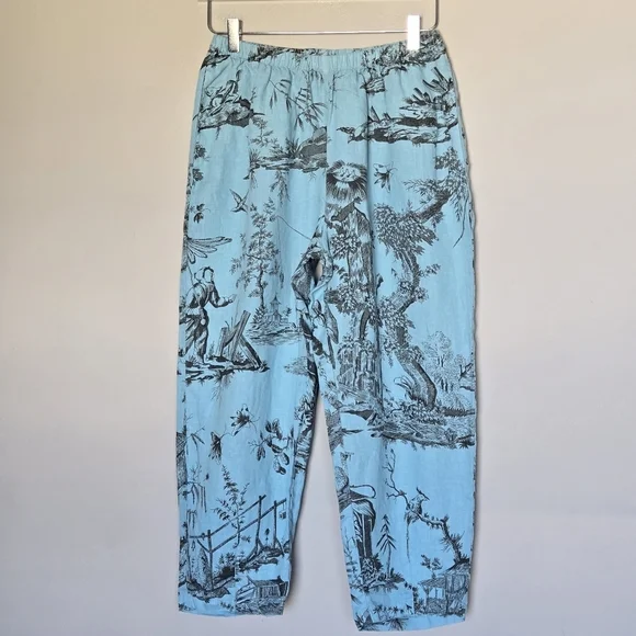 KLEEN 100% Linen Blue Toile Pattern Balloon Cropped Wide Leg Resortwear Pants - Picture 2 of 7